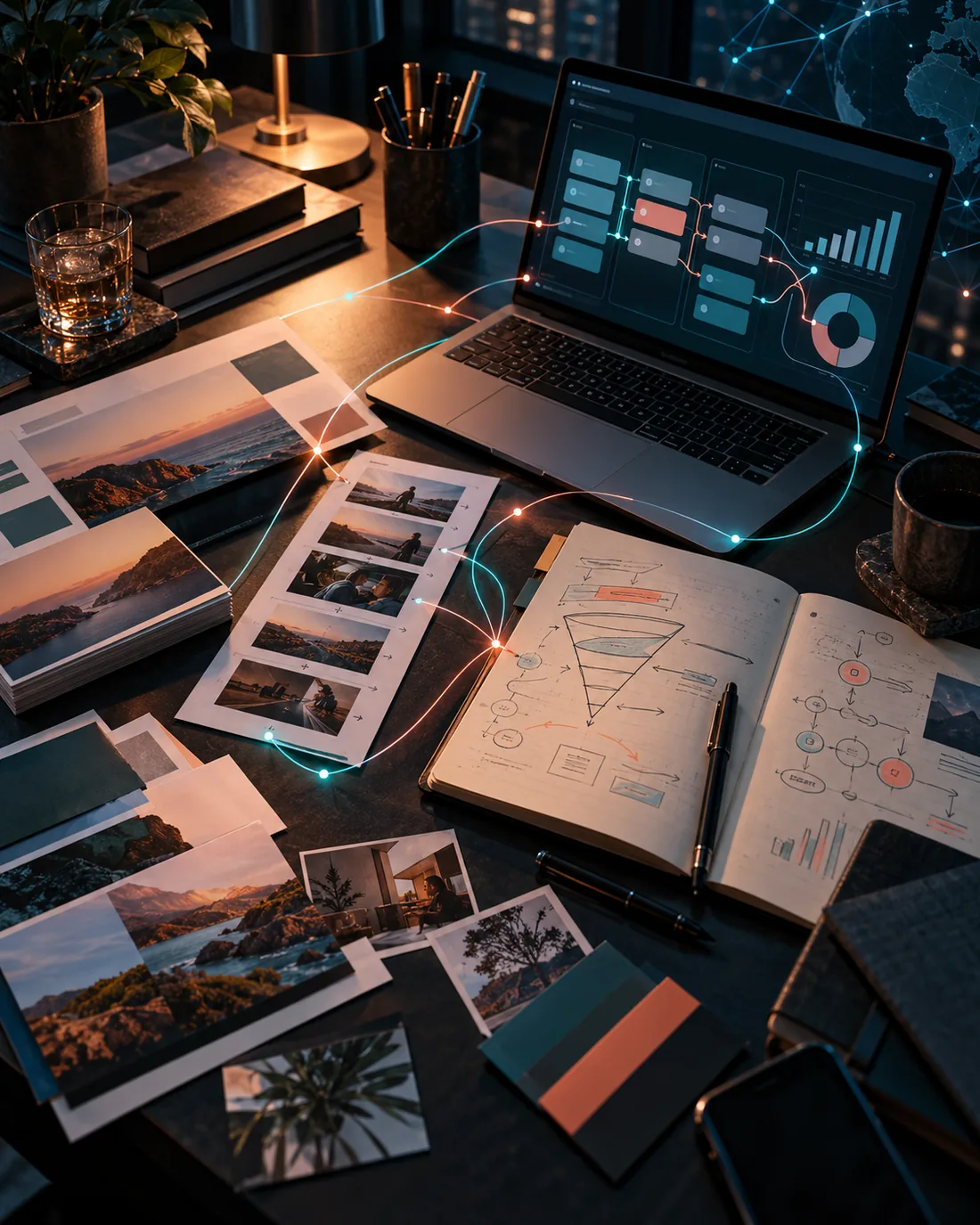 Editorial scene of campaign creative, CRM workflows, and revenue planning on a worktable