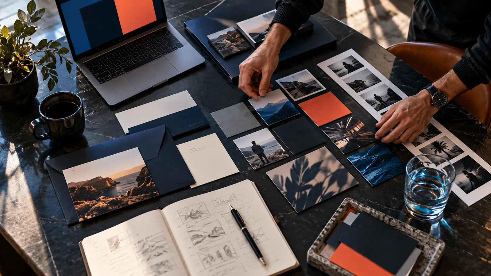 Editorial visualization of a marketing operator planning creative and channels